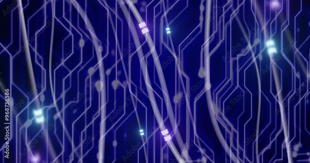 Poster animation of digital data processing with circuit board and glowing network of connections