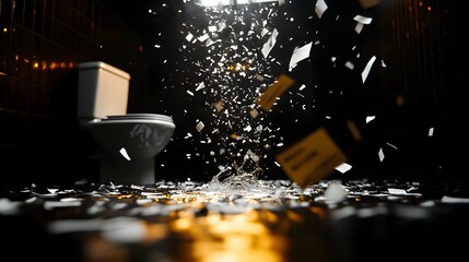 A chaotic bathroom scene with water pouring from an overflowing sink, floor submerged, insurance documents scattered, Realistic illustration, Monochromatic, High contrast, Detailed composition