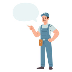 Flat vector illustration. Man plumber pointing at something with finger, white background. A speech bubble and a place for your text . Vector illustration
