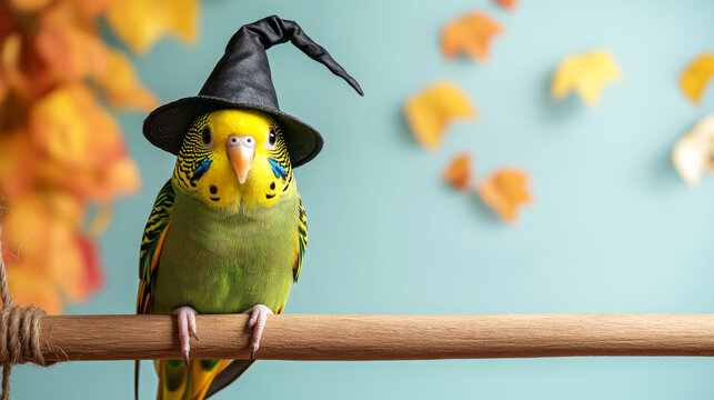 A parakeet dressed as witch with tiny pointy hat sits on perch, surrounded by colorful autumn leaves. This whimsical scene captures playful spirit of season