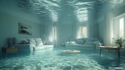 A cozy living room fully submerged in crystal-clear water, sofas and tables floating, curtains drifting slowly, evoking a scene of tranquility mixed with disaster