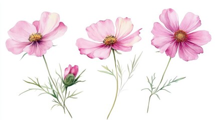 Watercolor Illustration set of Pink cosmos flowers on a white background,spring summer nature,Vibrant pink cosmos blooming,Children's card,banner,raindrops drawn by hand.