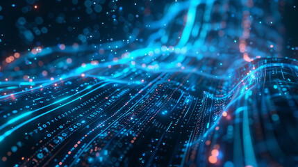 Obraz premium Futuristic data charts with blue tones, technological lines, and particles, enhanced by ambient light and a mysterious atmosphere, creating a visually immersive and interactive experience with a sleek