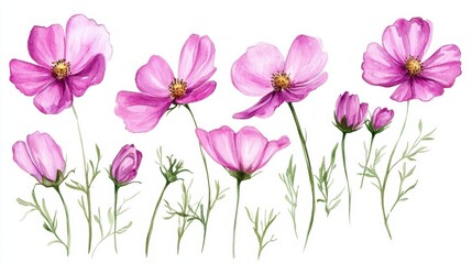 Watercolor Illustration set of Pink cosmos flowers on a white background,spring summer nature,Vibrant pink cosmos blooming,Children's card,banner,raindrops drawn by hand.