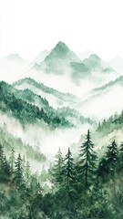 Fototapeta premium Watercolor of landscape forest misty mountains horizon and fog and hills,pine tree fir tree,Autumn forest background,drawn by hand,Autumn illustration design elements for landscape,wallpaper.