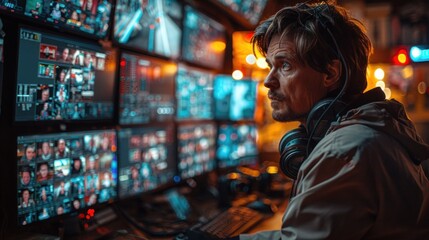 A cinematographer in a control room, coordinating multiple cameras during a live broadcast or multicamera shoot, with a wall of monitors displaying different angles