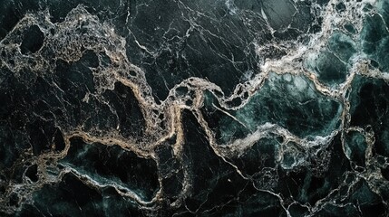 Obraz premium Close-up of black marble with silver and green veins, forming an intense and dynamic pattern. No people. No logo.