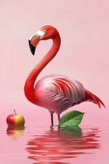 Obraz premium Pink Flamingo in Water with Apple and Green Leaf