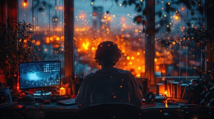 Chat manager working late in a dimly lit office to handle customer queries