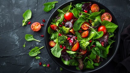 Salad in black bowl at dark background. Healthy green vegetable salad, diet menu. Top view. 