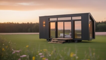 Moern Tiny House on Grassy Fiel at Sunset