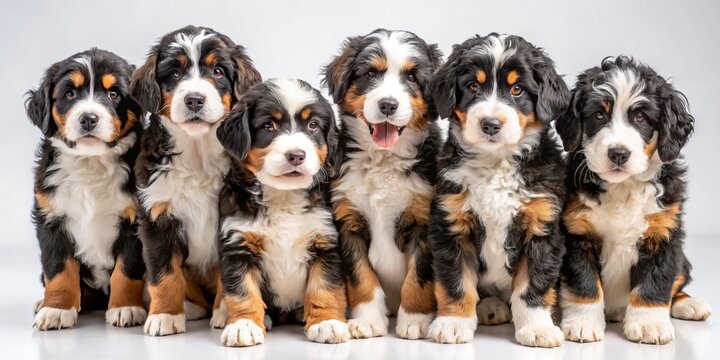A bundle of energy, adorable Bernedoodle puppies frolic in sun-drenched fields, their tri-color or bi-color marks shining bright against cozy fur.