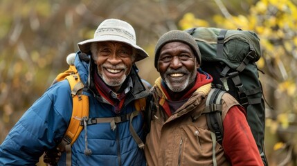Fototapeta premium Two men are smiling and wearing backpacks