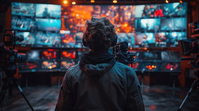 A cinematographer in a control room, coordinating multiple cameras during a live broadcast or multicamera shoot, with a wall of monitors displaying different angles