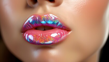 Vibrant Glossy Lips Enhanced by Light Reflections Celebrating Beauty and Makeup Trends in Female Fashion