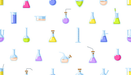 Seamless pattern, laboratory glassware. Endless chemistry background with glass flasks, beakers, tubes. Repeating print, chemical reagents. Flat vector illustration for textile, wrapping, wallpaper