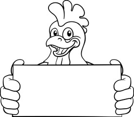 A chicken cartoon rooster cockerel bird mascot peeking over a sign with copyspace