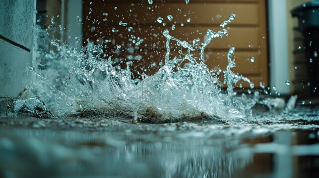 Water splashing dramatically against a flooded garage door, muddy debris floating. Realism, HDR photography style, emphasizing the urgency of home insurance