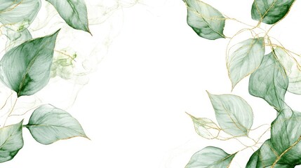 Delicate green leaves with gold veins forming a border against a white background, perfect for wedding cards. No people. No logo.