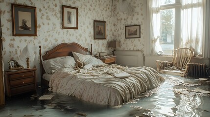 Water-damaged bedroom with soaked carpets and peeling wallpaper, furniture half-submerged in water, representing home insurance issues, detailed water splashes