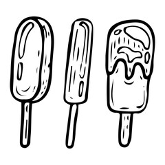 Ice cream popsicle hand drawn doodle. Summer cold dessert on a stick. Fruit ice lolly. Street dairy food. Sweet snack set. Culinary product. Vector sketch line art illustration.