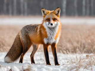 Fototapeta premium Red fox in a snow-covered field with most of the scene in soft whites