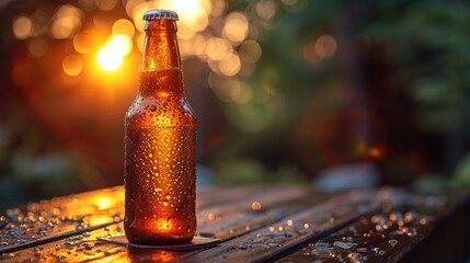 A chilled beer bottle with condensation, placed on a rustic wooden table under the summer sun