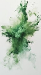 Green powder explosion against white background, abstract art. Dynamic motion and color burst concept