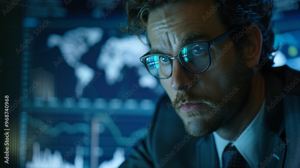 Poster A man wearing glasses is looking at a computer screen with a map on it