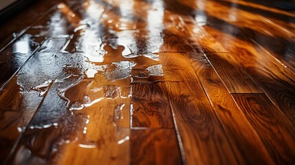 Water-soaked wooden floorboards, surface deformation due to moisture, vivid texture with reflections of water splash, insurance claim concept