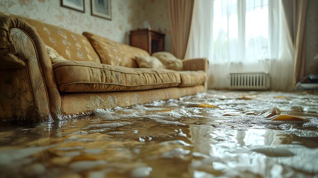 Waterlogged curtains dripping in a flooded living room, with soaked upholstery on a submerged couch, showcasing the urgency of home insurance claims