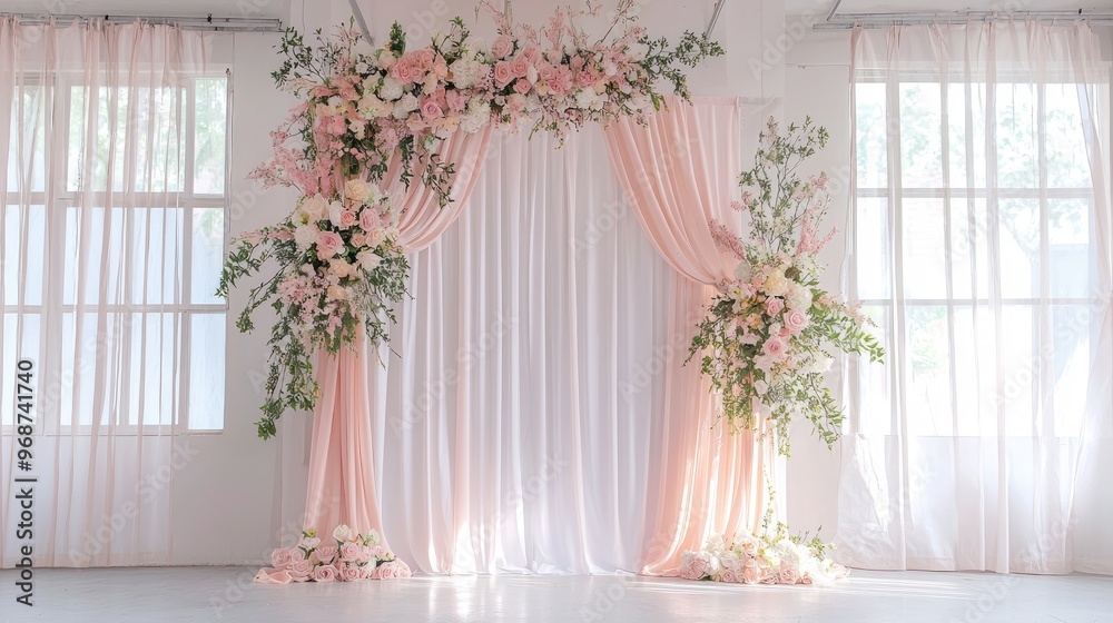 Wall mural pink pastel color wedding backdrop indoor white aula with floral decoration on the side with natural light