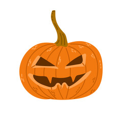 Hand drawn scary Halloween pumpkin jack o lantern in flat style. Spooky design for autumn holiday isolated on white background. Cute angry and creepy decoration