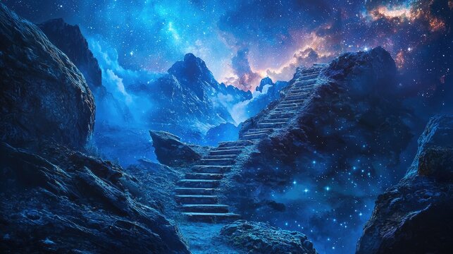 portrait color epic cinematography of Jacob's ladder going to the stars in masonic style art. Photorealistic