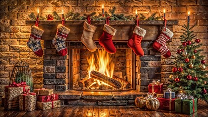 Cozy fireplace decorated with Christmas stockings and gifts, festive holiday atmosphere for winter celebrations, copy space
