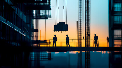 Silhouettes of construction workers and equipment are illuminated by the first light of dawn