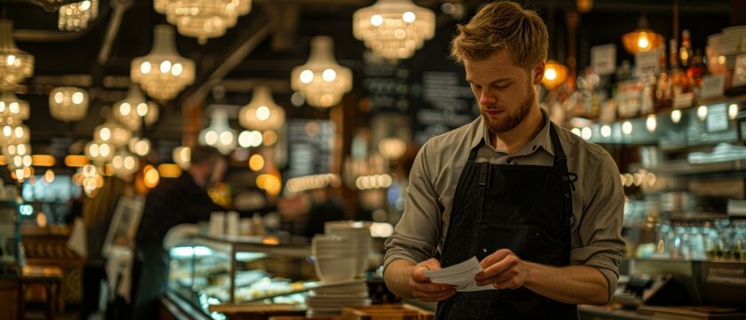 A server reads a note in a bustling restaurant. AI.