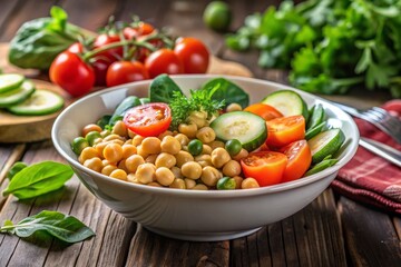 A composition of chickpeas, leafy greens, cucumber slices, cherry tomatoes, and carrots in a shallow, white bowl, with a blurred background.
