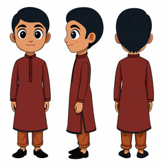 Asian Indian Pakistan Arab 2D Beard Kid Character Front View, Side, Back View Wear Shalwar Kameez