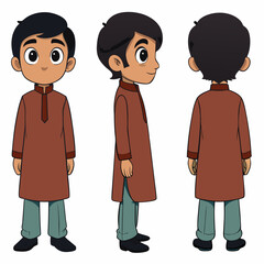 Asian Indian Pakistan Arab 2D Boy Character Front View, Side, Back View Wear Shalwar Kameez
