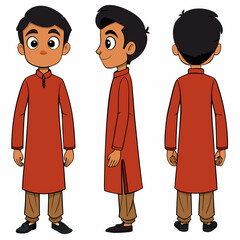 Asian Indian Pakistan Arab 2D Boy Character Front View, Side, Back View Wear Shalwar Kameez