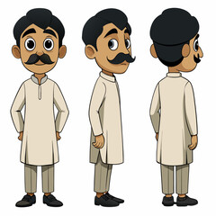 Asian Indian Pakistan Arab 2D  Man Character Front View, Side, Back View Wear Shalwar Kameez	