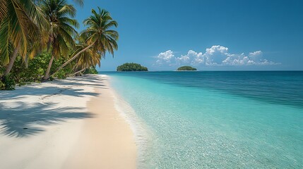 Fototapeta premium Photorealistic image of a tropical beach with crystalclear waters and soft white sand framed by palm trees swaying gently in the wind with a distant island visible on the horizon