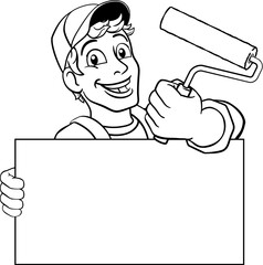 A painter decorator handyman cartoon construction man mascot character holding a paint roller tool