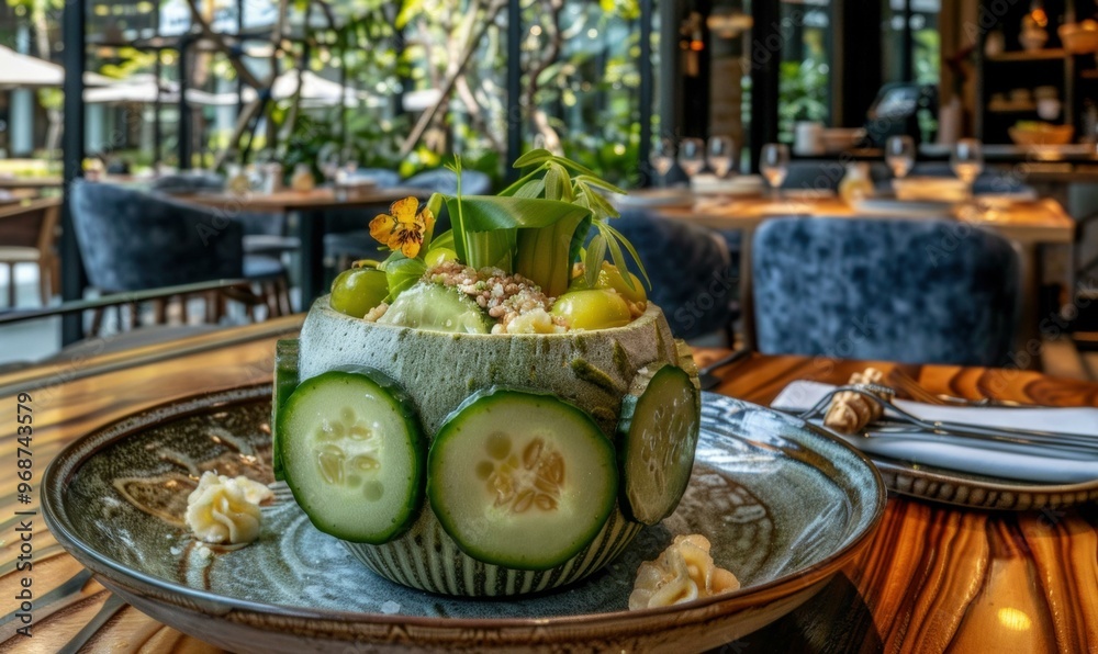 Poster A green salad served in a unique melon bowl. AI.