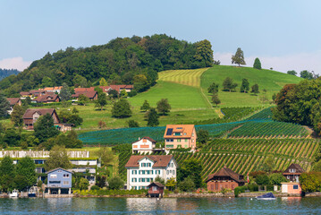Obraz premium Waterfront view of Swiss village near Lucerne, Switzerland, 19 Aug 2022