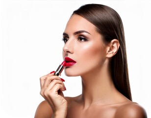 Fototapeta premium Beautiful Woman Applying Lipstick Isolated on White Background