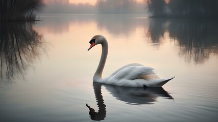 Fototapeta premium Reflection of a swan on a perfectly calm lake with a faded horizon