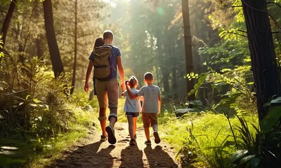 Family hiking a scenic trail for National Trails Day, beautiful forest scenery, hyperrealistic . Video