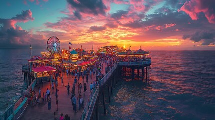 Photorealistic image of a bustling seaside pier at sunset with colorful amusement rides food stalls and people enjoying a summer evening by the ocean